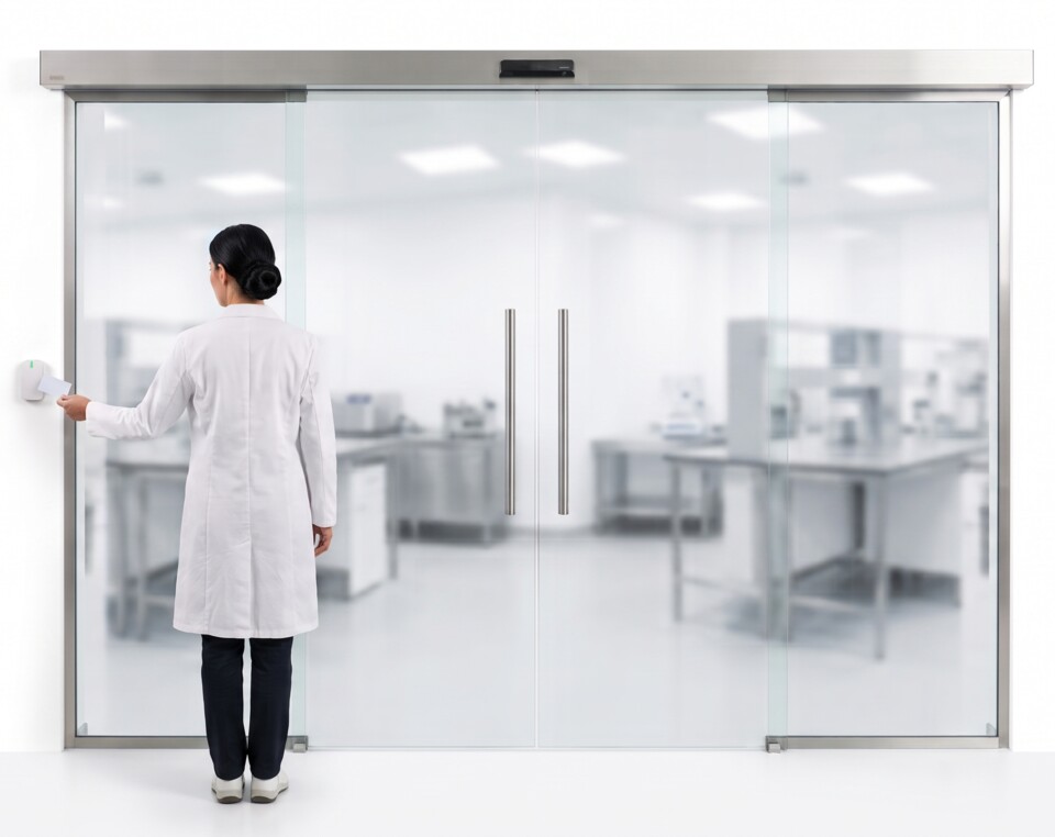 Žena v laboratorním plášti, zezadu, přikládá přístupovou kartu ke čtečce na zdi vedle skleněných laboratorních dveří
